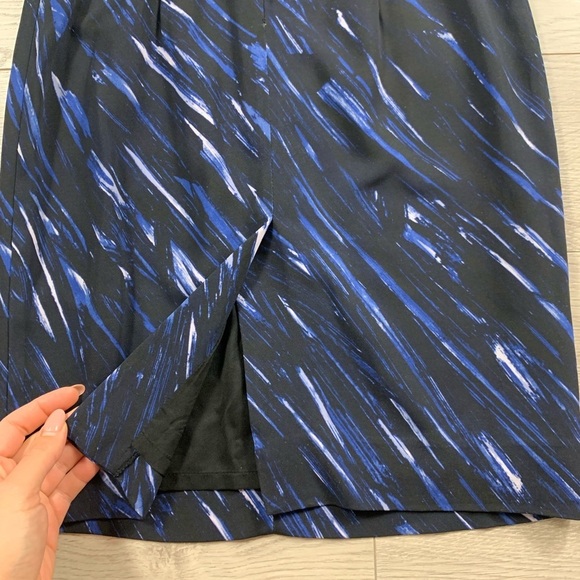 MILLY Blue Brushstroke Print V-Neck Sheath Work Career Office Midi Dress - Picture 11 of 15